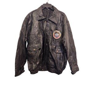 Vintage 80's Men Black Leather BOMBER Korean Veteran Patch Military Coat L